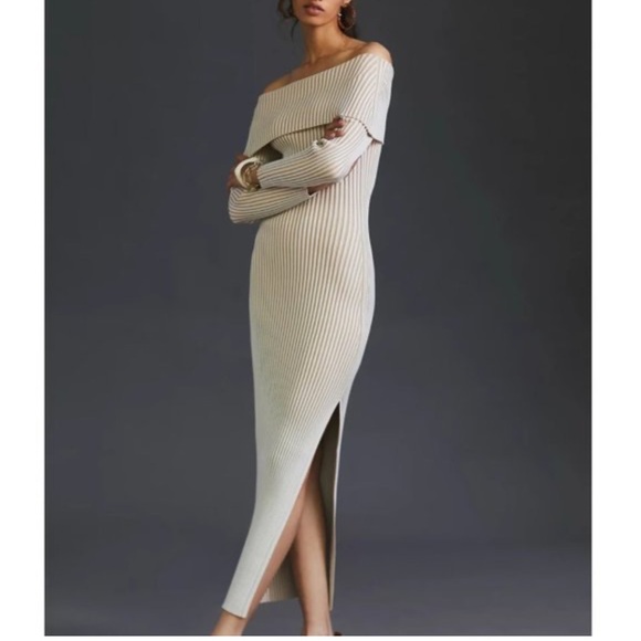 Anthropologie Dresses & Skirts - Anthropologie Ribbed Off-Shoulder Midi Dress in Beige